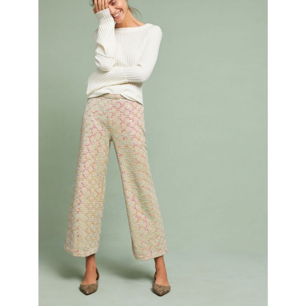 Anthropologie Pastel Jacquard Wide-Leg Pants - Cream, Pink, Mint